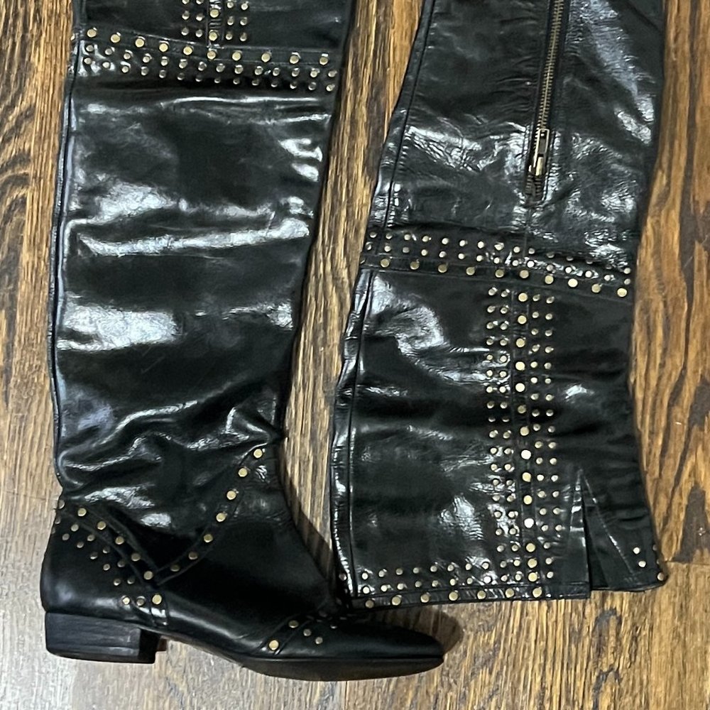 JOIE Black CAVIAR Leather Designer Studded Over the Knee Boots Size 7 Size 37
